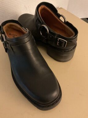 Free People women Black Leather harness platform Mule shoes US6.5